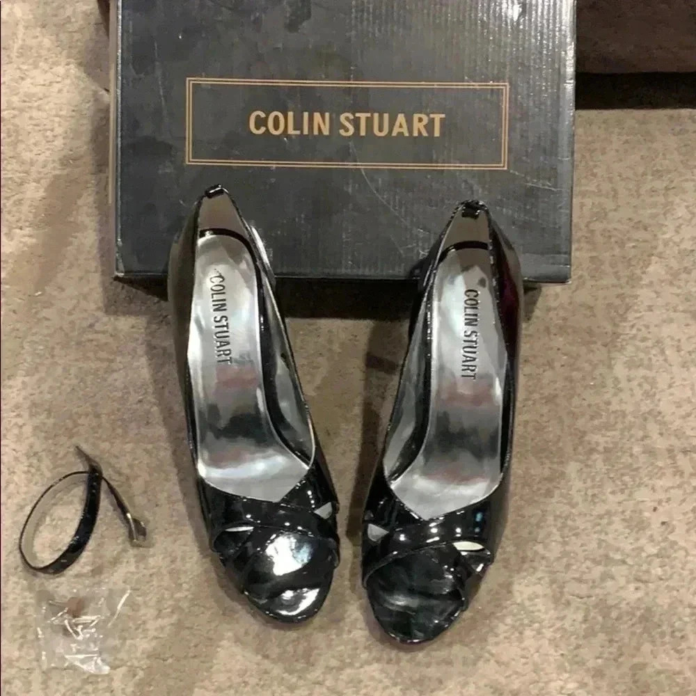 colin Stuart black patent stacked peep toes